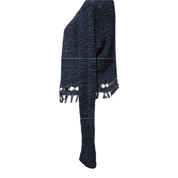 ELIE TAHARI Navy Blue Cardigan Gold Brass Rings Fringe Tassel Jacket.  Medium - Picture 2 of 9